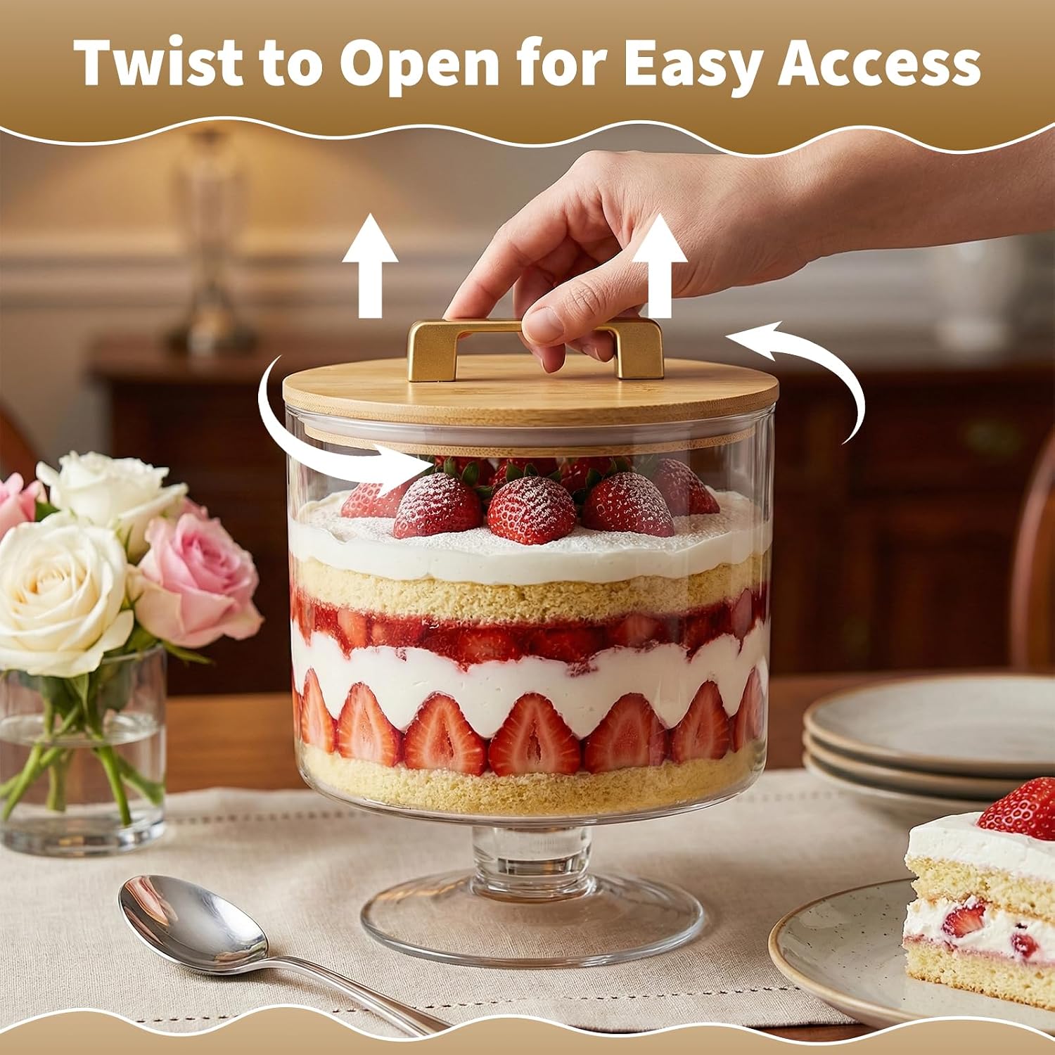 Aldernest Trifle Bowl with Pedestal and Lid, 70oz - Crystal Clear Glass, Transparent