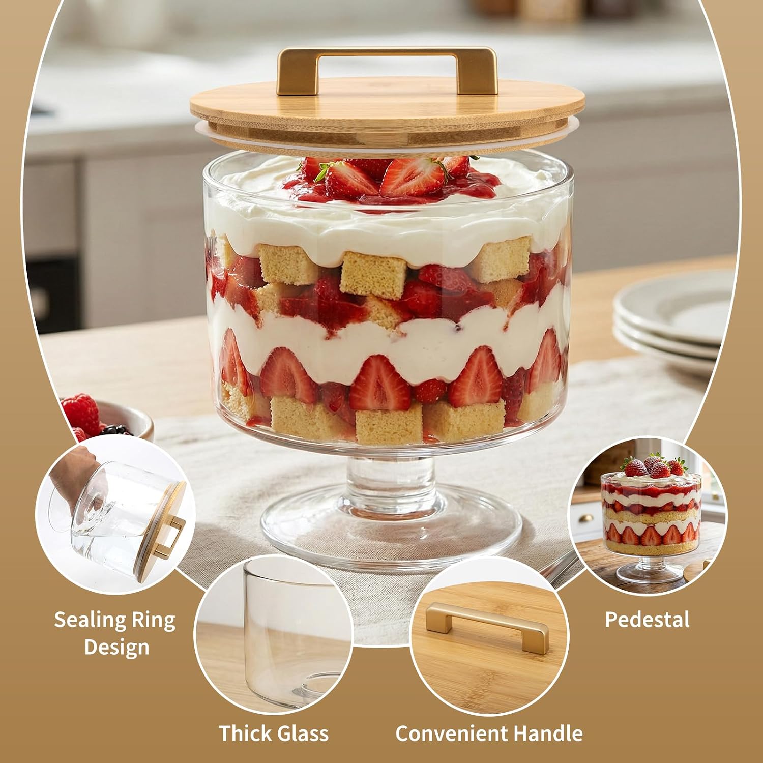 Aldernest Trifle Bowl with Pedestal and Lid, 70oz - Crystal Clear Glass, Transparent