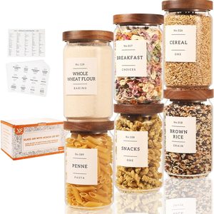 Aldernest 6 Pack Glass Canisters with Airtight Acacia Lids and 132 Kitchen Pantey Labels Preprint - 24 Fl Oz Borosilicate Glass Pantry Storage Jars