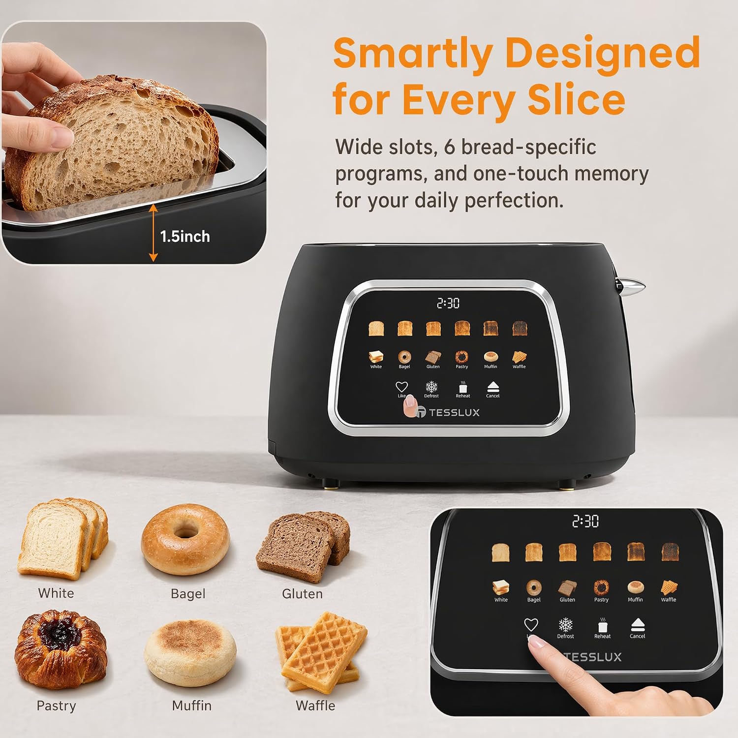 Aldernest Toaster 2 Slice, Touchscreen, 1.5" Wide Slot, Bagel, Black