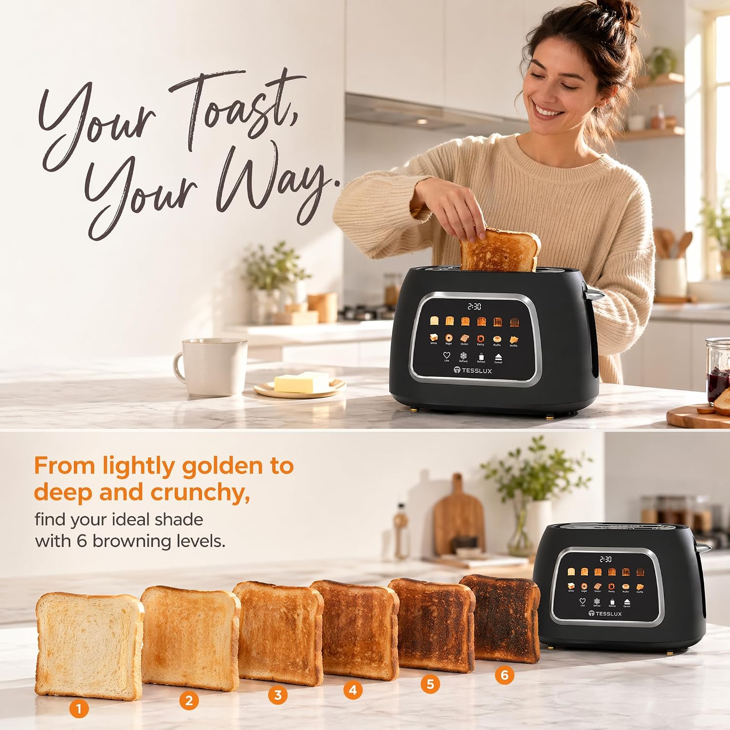 Aldernest Toaster 2 Slice, Touchscreen, 1.5" Wide Slot, Bagel, Black