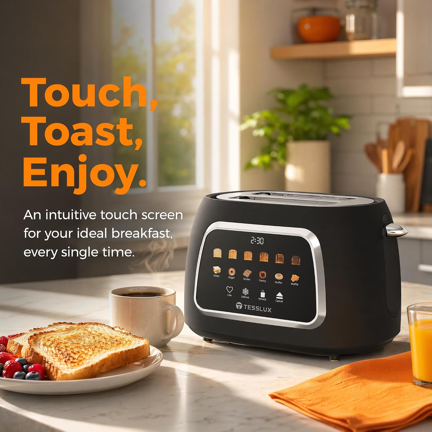 Aldernest Toaster 2 Slice, Touchscreen, 1.5" Wide Slot, Bagel, Black