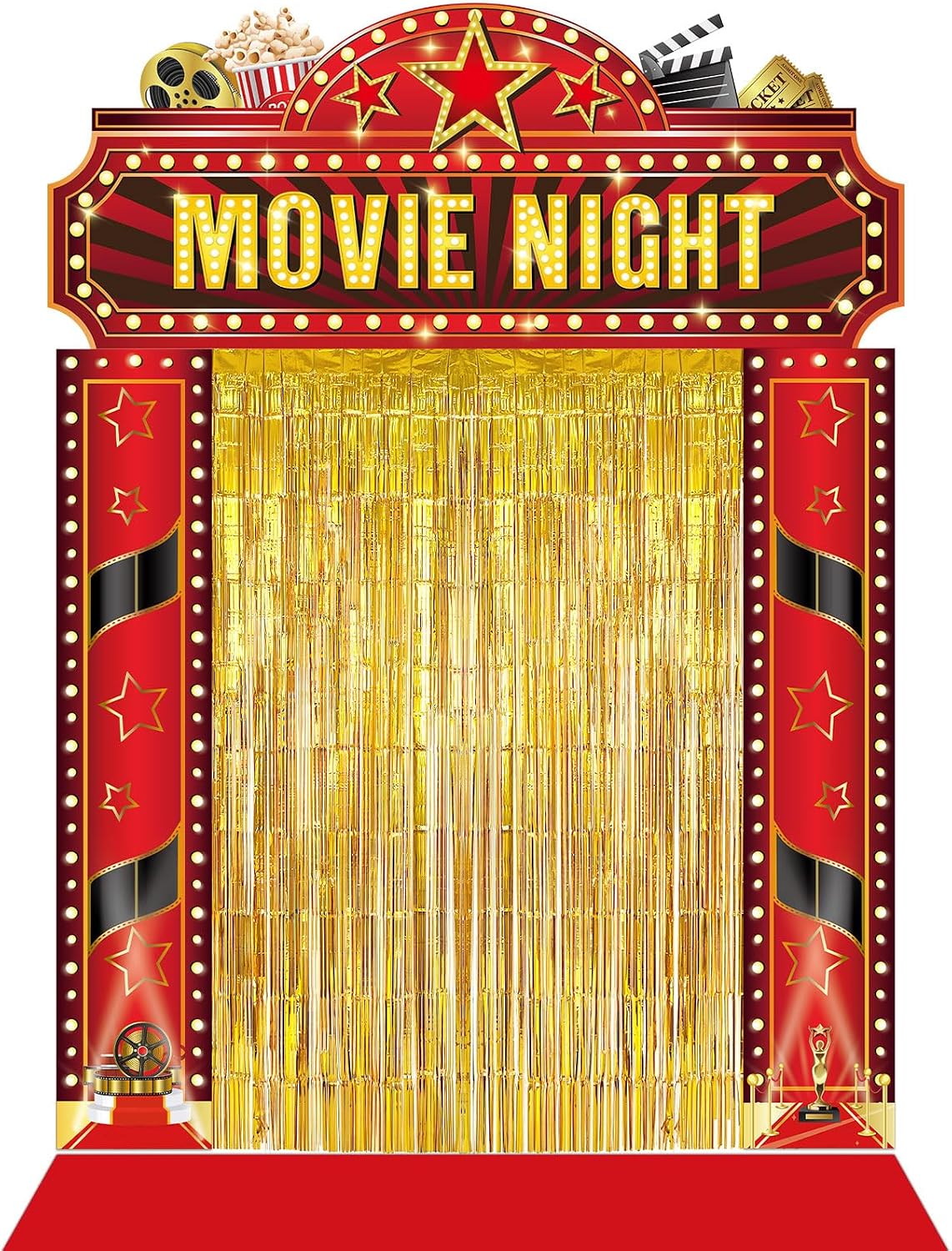 Aldernest Movie Night Porch Sign Banner Movie Themed Party Decorations Gold Foil with Red Carpet Runner Movie Theater Film Show Backdrop for Home