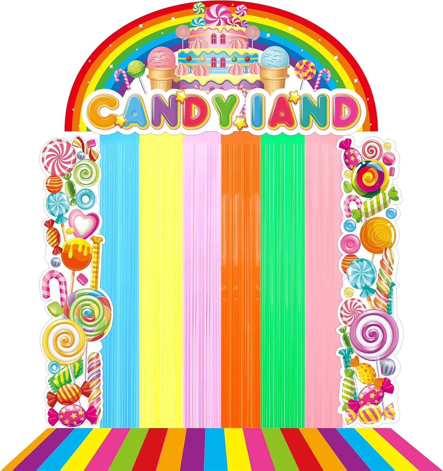 Aldernest Candy Land Porch Banner Candyland Party Decorations Colorful Tinsel Foil Fringe Polyester Carpet Runner Candyland Door Banner Sweet Candy