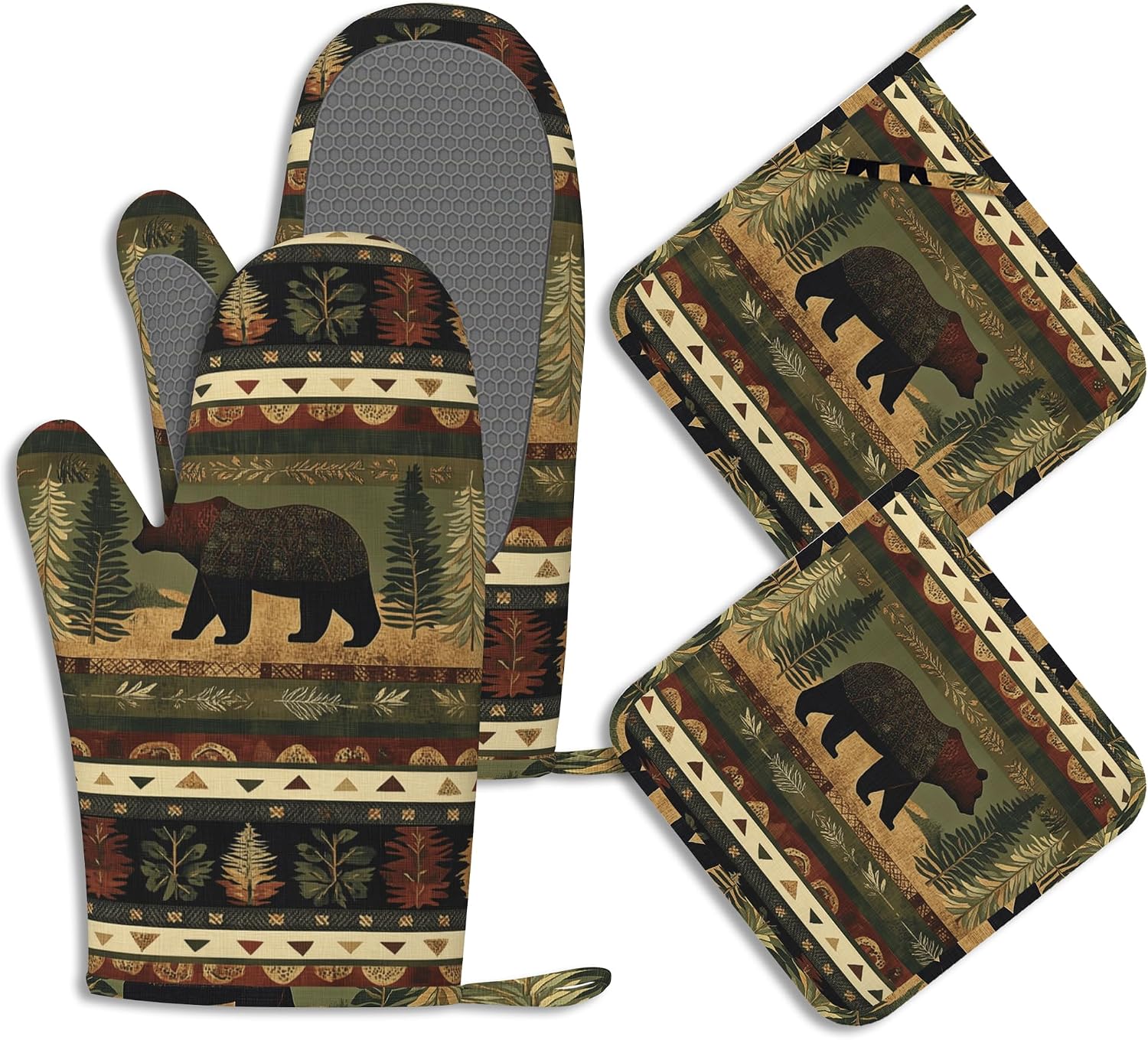 Aldernest Oven Mitts and Pot Holders Sets Rustic Bear Silicone Kitchen Mits Potholders Cabin Forest Mountain Heat Resistant 4Pcs Oven Gloves Hot Pads