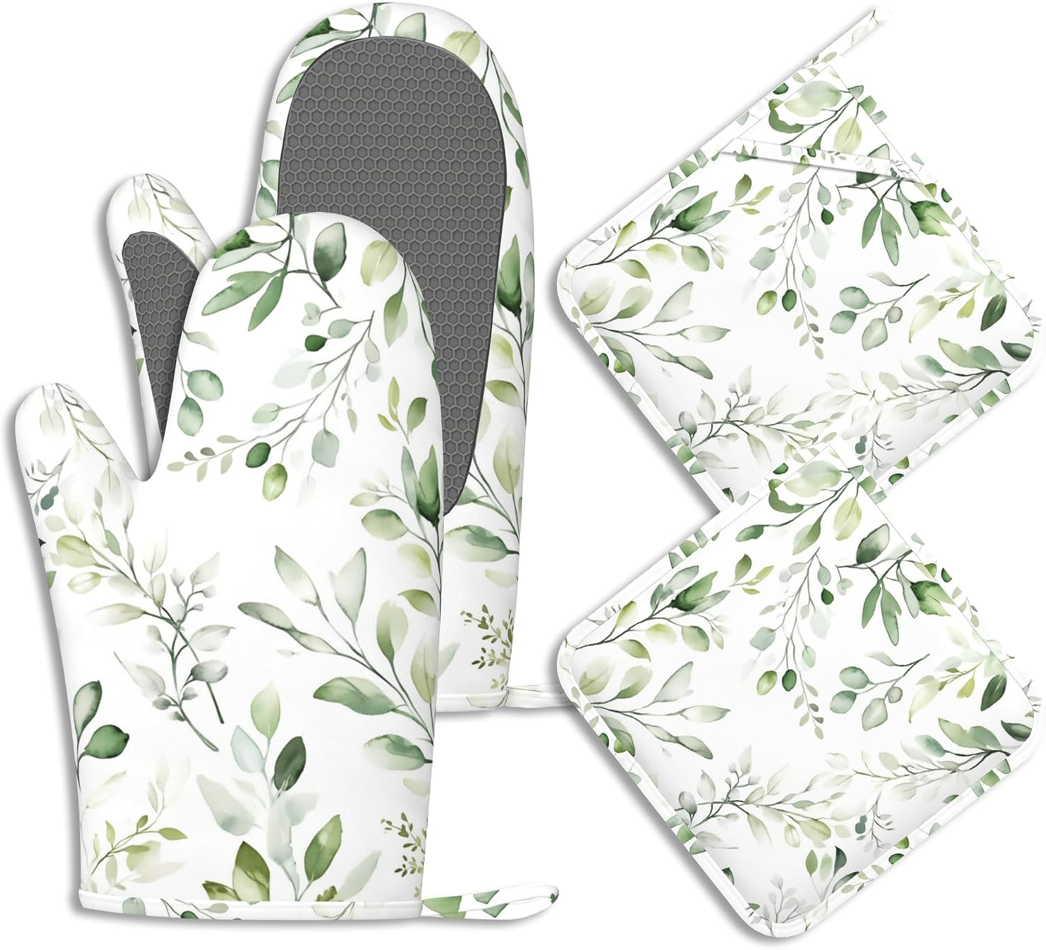Aldernest Sage Green Eucalyptus Oven Mitts and Pot Holders Watercolor Leaves Silicone Kitchen Accessories Set of 4 Heat Resistant Non-Slip Long Gloves