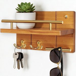 CozyWick 9.8” Solid Teak Wood Key Holder Wall Mount with Shelf and Hooks, Natural and Golden