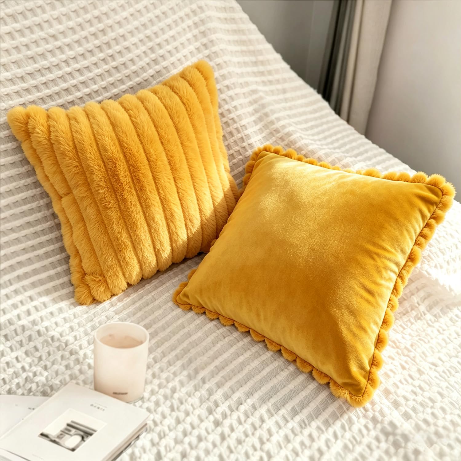 Aldernest 2 Pack 26x26 Pillow Cover Velvet Pillow Covers, Mustard Yellow