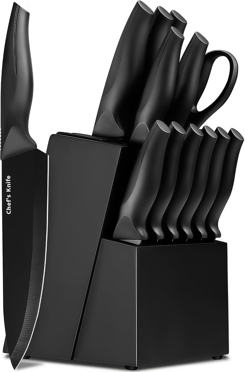 Ashenby 14-Piece Black Kitchen Knife Block Set with Built-In Sharpener, 4.4 pounds