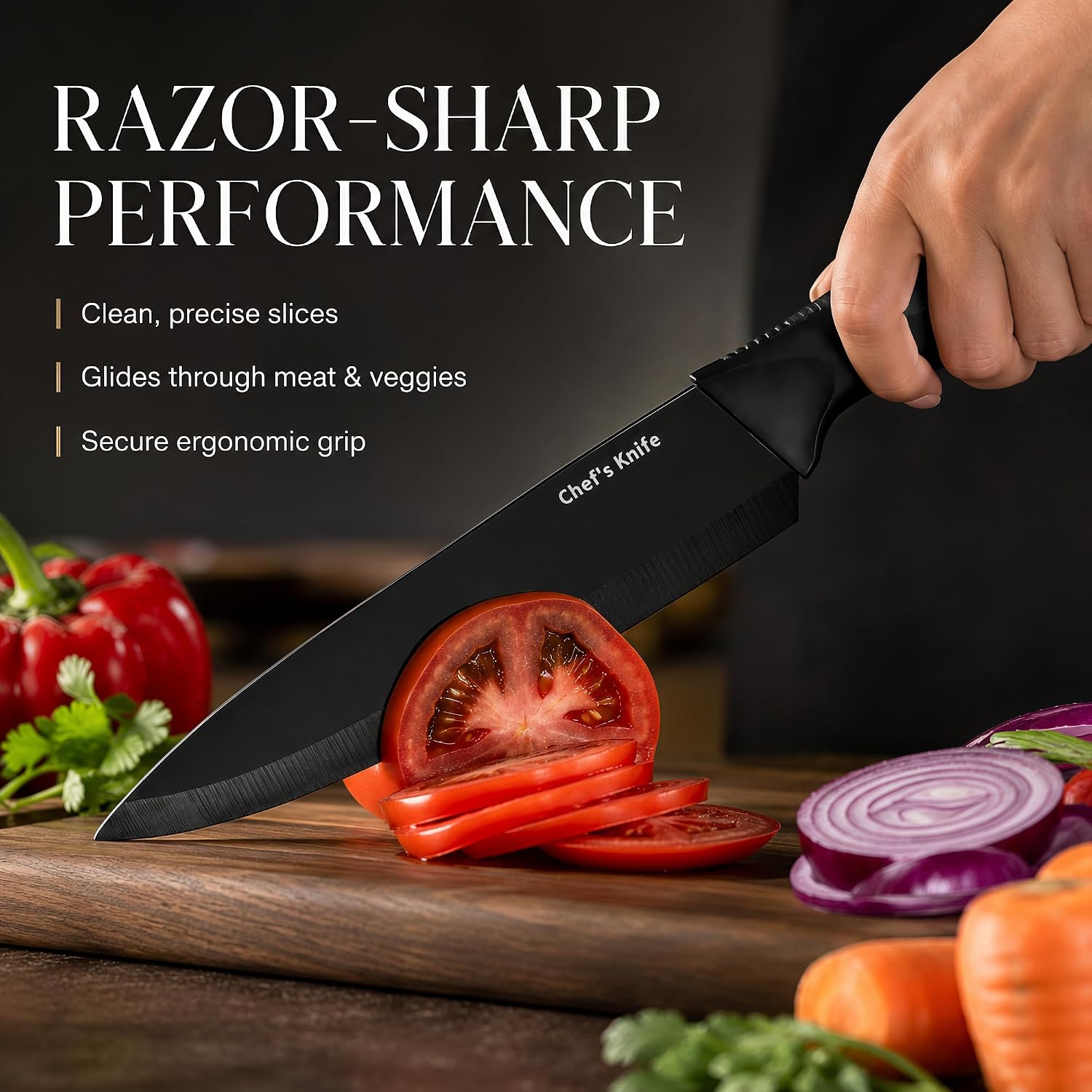 Ashenby 14-Piece Black Kitchen Knife Block Set with Built-In Sharpener, 4.4 pounds