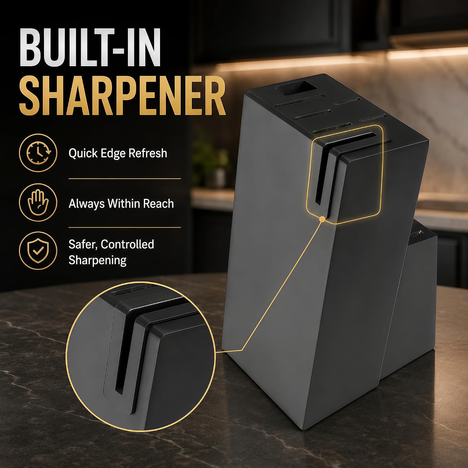 Ashenby 14-Piece Black Kitchen Knife Block Set with Built-In Sharpener, 4.4 pounds