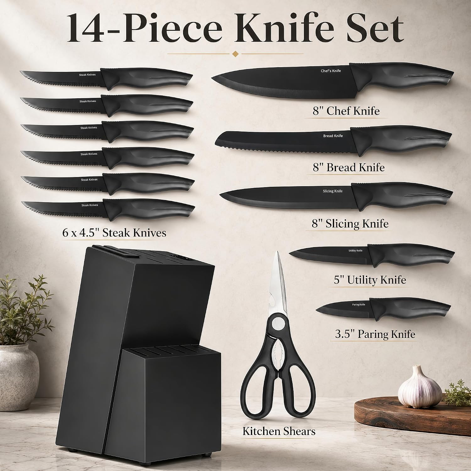 Ashenby 14-Piece Black Kitchen Knife Block Set with Built-In Sharpener, 4.4 pounds