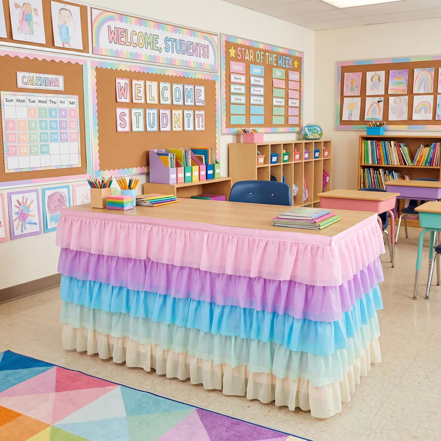Ashenby 6 Ft X 30 in Pastel Ruffled Teacher Desk Skirt