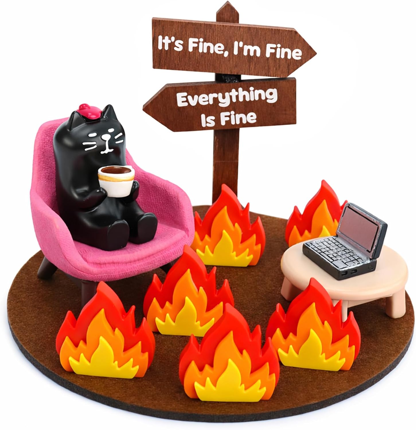 Barleyfield Miniature Cat Figurines Desk Decor, Everything is Fine Meme Desk Figurine, Black and Pink