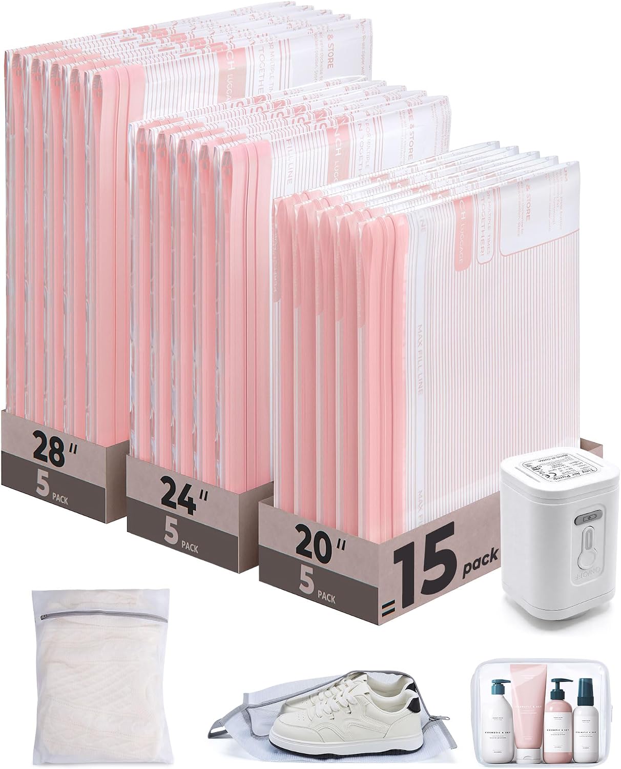 Birchmont Travel Vacuum Bags with Rechargeable Electric Pump, 18PC Kit, 2 pounds, Pink
