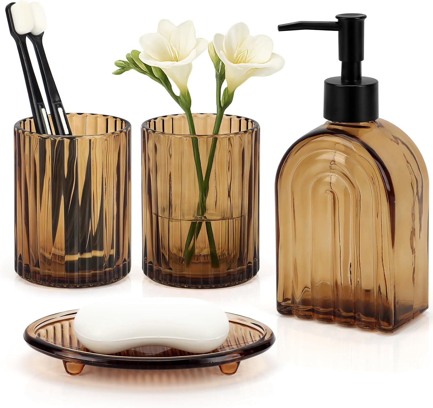 Birchmont 4 Pcs Glass Bathroom Accessories Set, 2.6 pounds, Amber