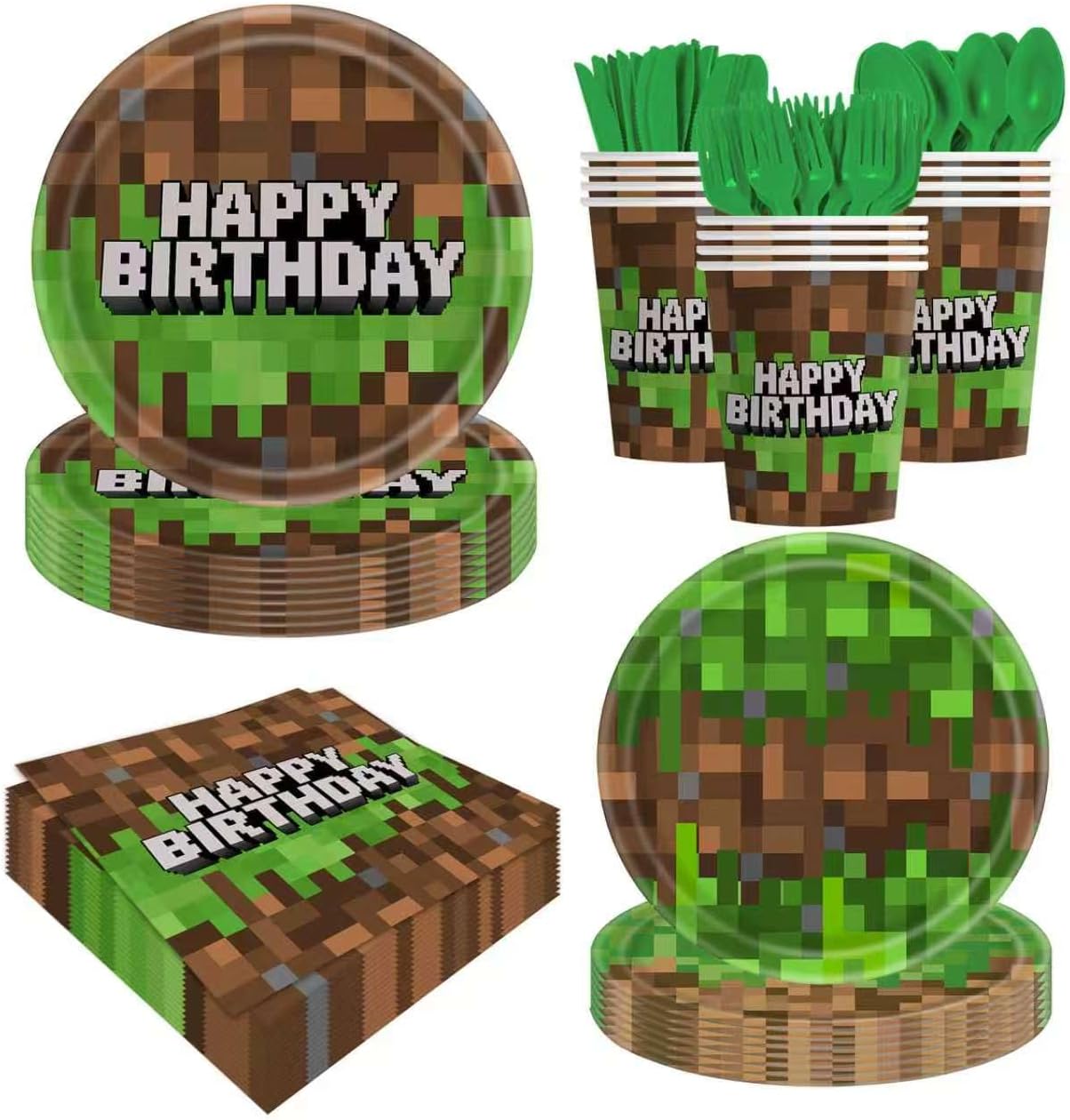 Aldernest 140pcs Green Birthday Party Decorations Green Plates Napkins Party Supplies Disposable Paper Cups Tableware Set for Boys Kid Teen Birthday