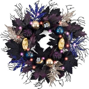 VelloHome 18 inch Halloween Door Wreath with Lights for Mantle Party, Black Purple Blue