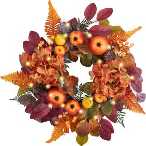 VelloHome 18'' Fall Wreath for Front Door with Lights & Pomegranate, Red Orange