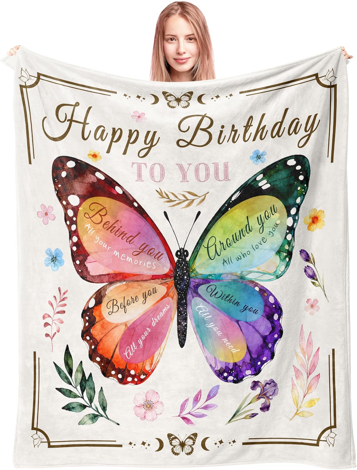 VelloHome Birthday Gifts for Women Girls, Birthday Blanket with Butterfly, 60"x50", Cream