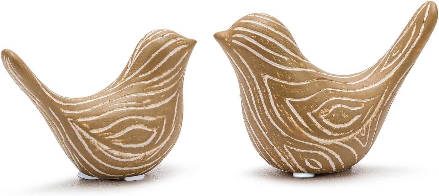 Oakmere Small Ceramic Birds Statues for Home Decor, Boho Style, Wood-Look, 2PCS