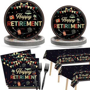 Aldernest 98 PCS Vintage Retirement Plates and Napkins Tablecloth Set Happy Retirement Party Decorations Colorful Retired Disposable Tablecover