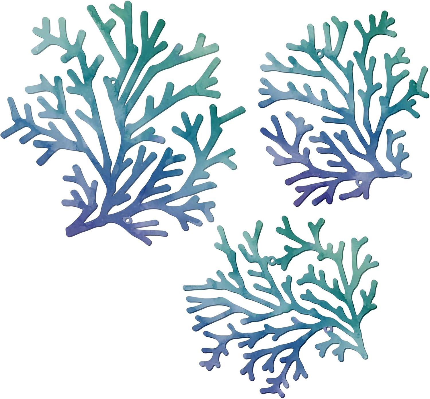 VelloHome 3 Pcs Coastal Metal Wall Art Summer Coral Wall Decor, 7.87 inches, blue