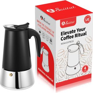 Ashenby 4 Cup Stainless Steel Moka Pot, 200ml Stovetop Espresso Maker, Black