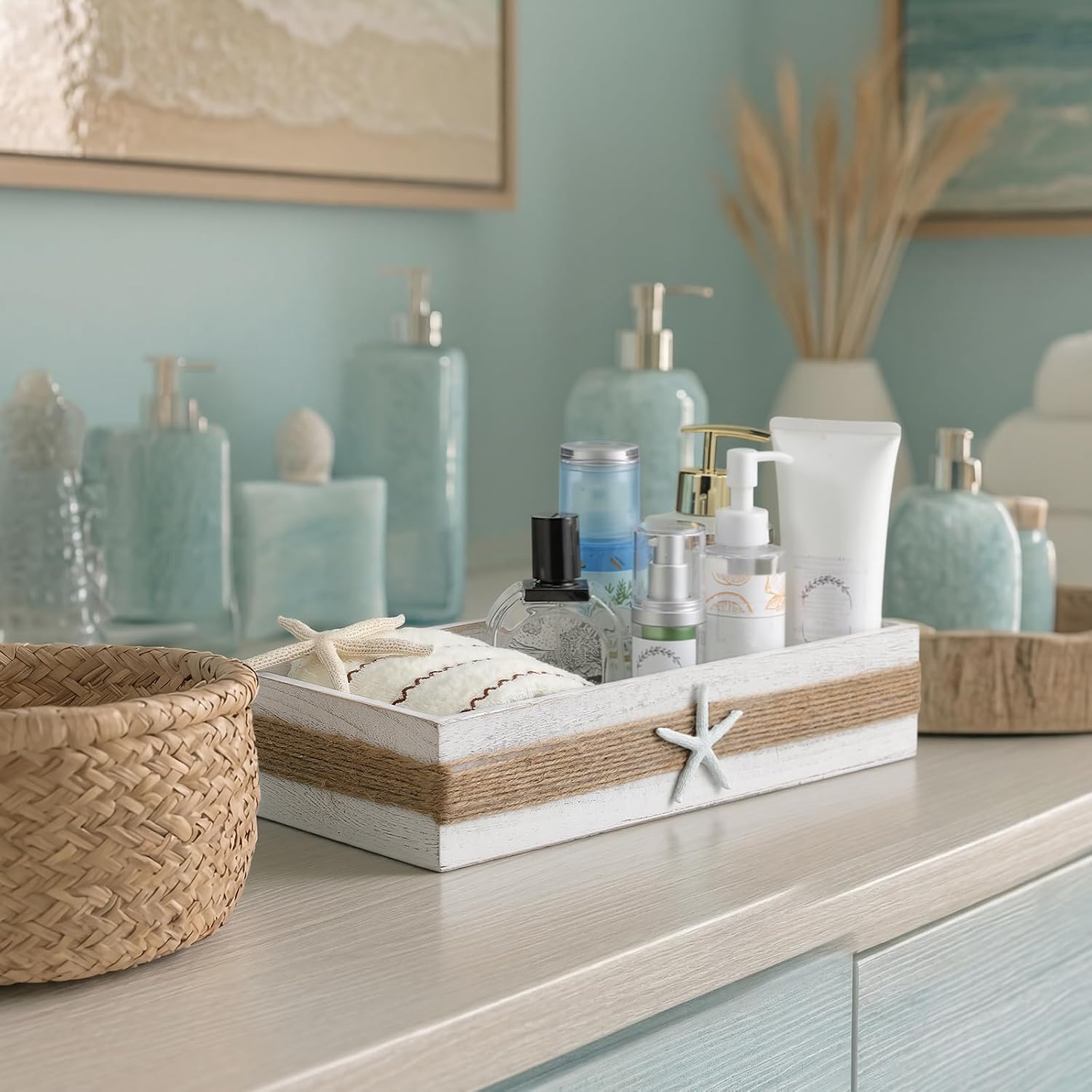 Aldernest Beach Toilet Tank Basket Rustic Bathroom Decor Wooden Box, 14.88 ounces, Distressed White