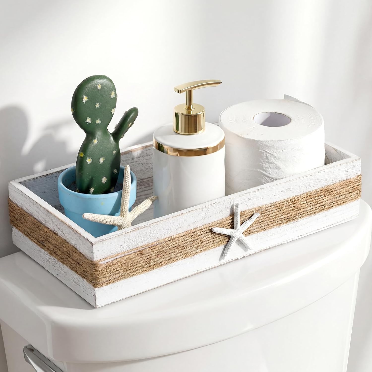 Aldernest Beach Toilet Tank Basket Rustic Bathroom Decor Wooden Box, 14.88 ounces, Distressed White