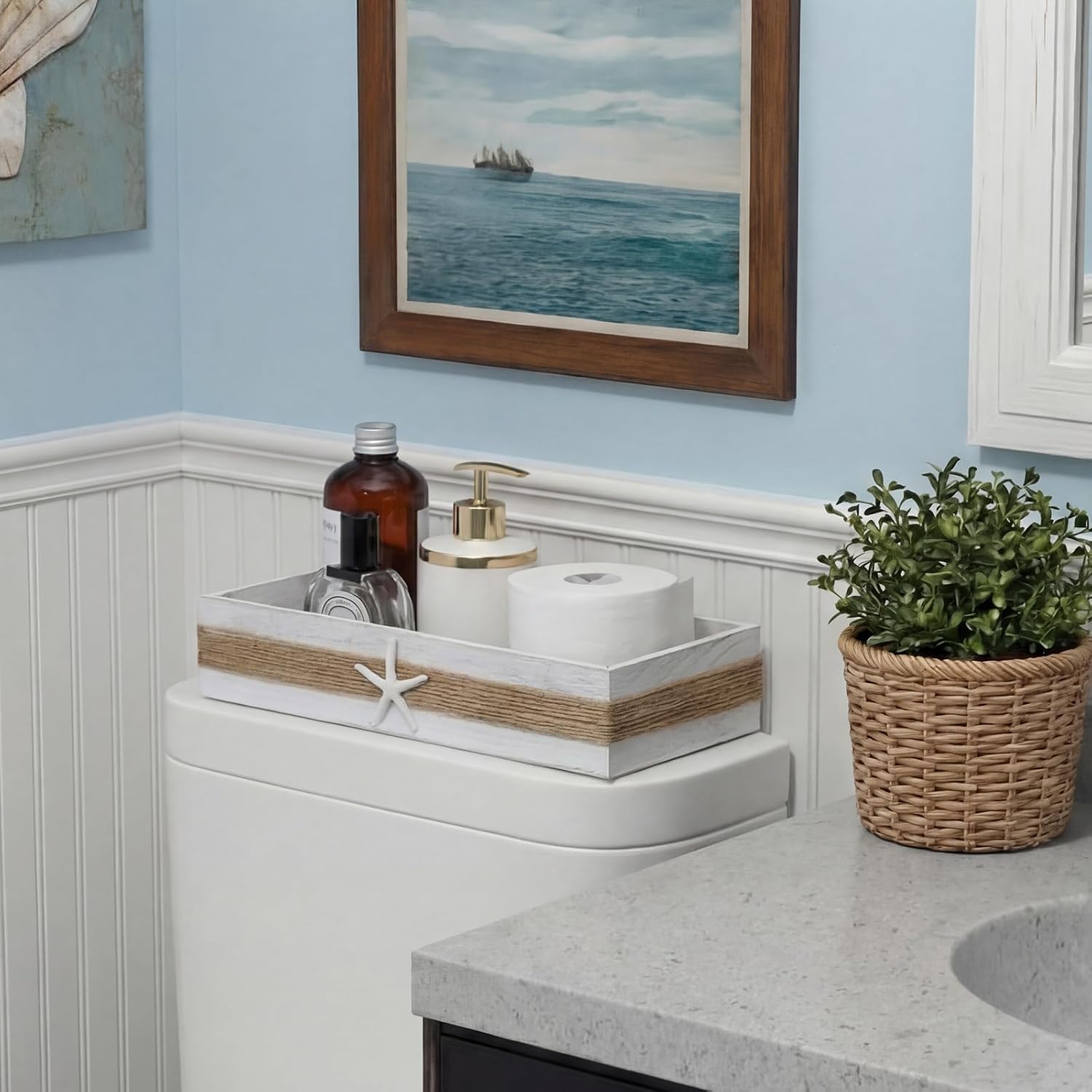Aldernest Beach Toilet Tank Basket Rustic Bathroom Decor Wooden Box, 14.88 ounces, Distressed White