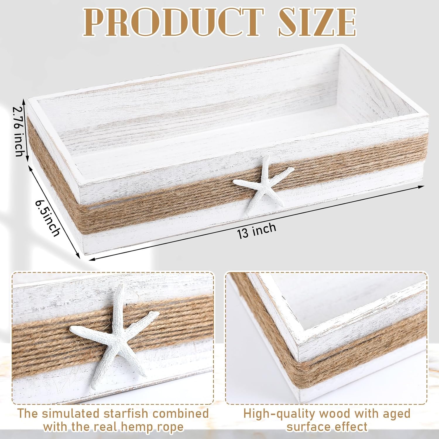 Aldernest Beach Toilet Tank Basket Rustic Bathroom Decor Wooden Box, 14.88 ounces, Distressed White
