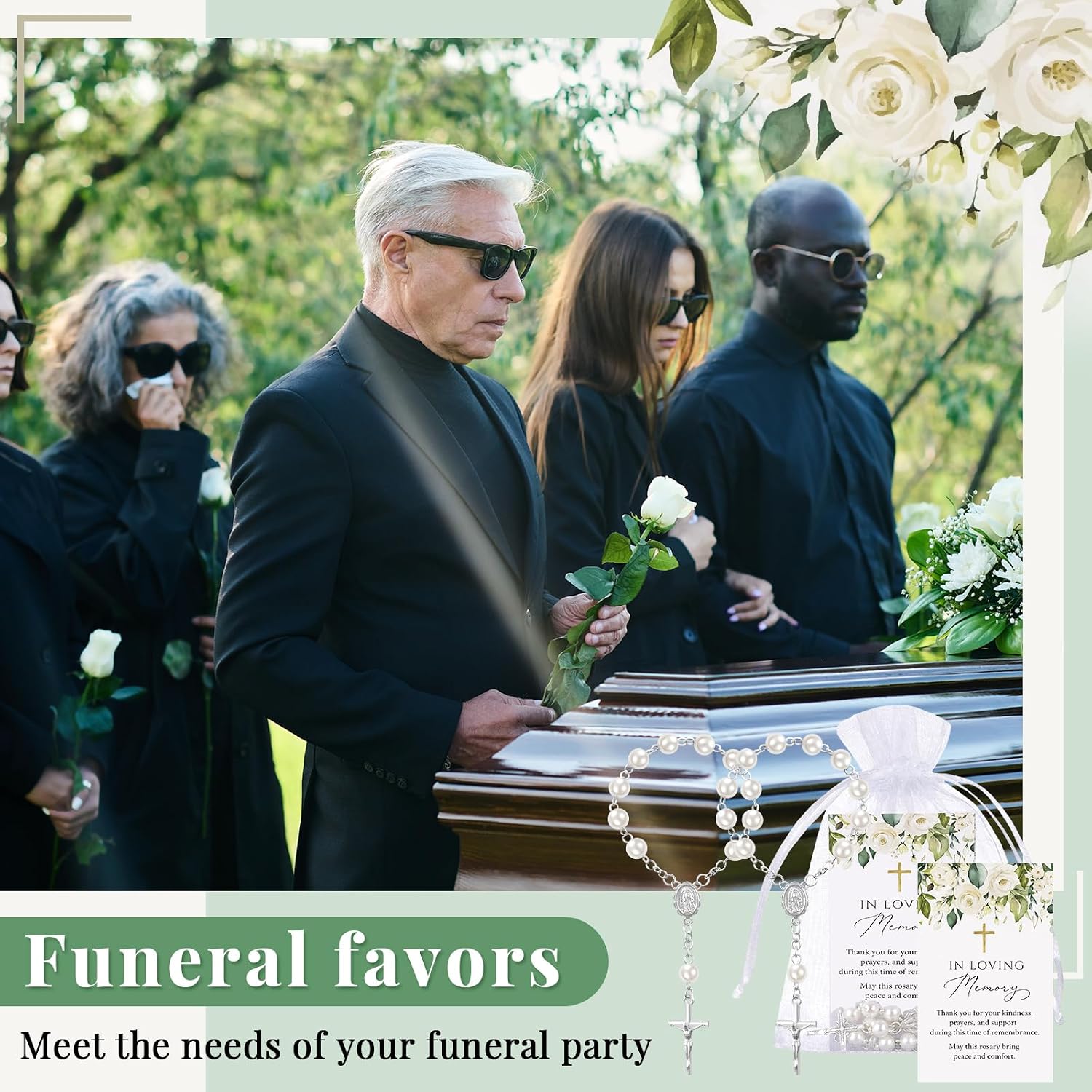 Ashenby 50 Sets Funeral Favors for Guests with Rosary & Memory Cards, White