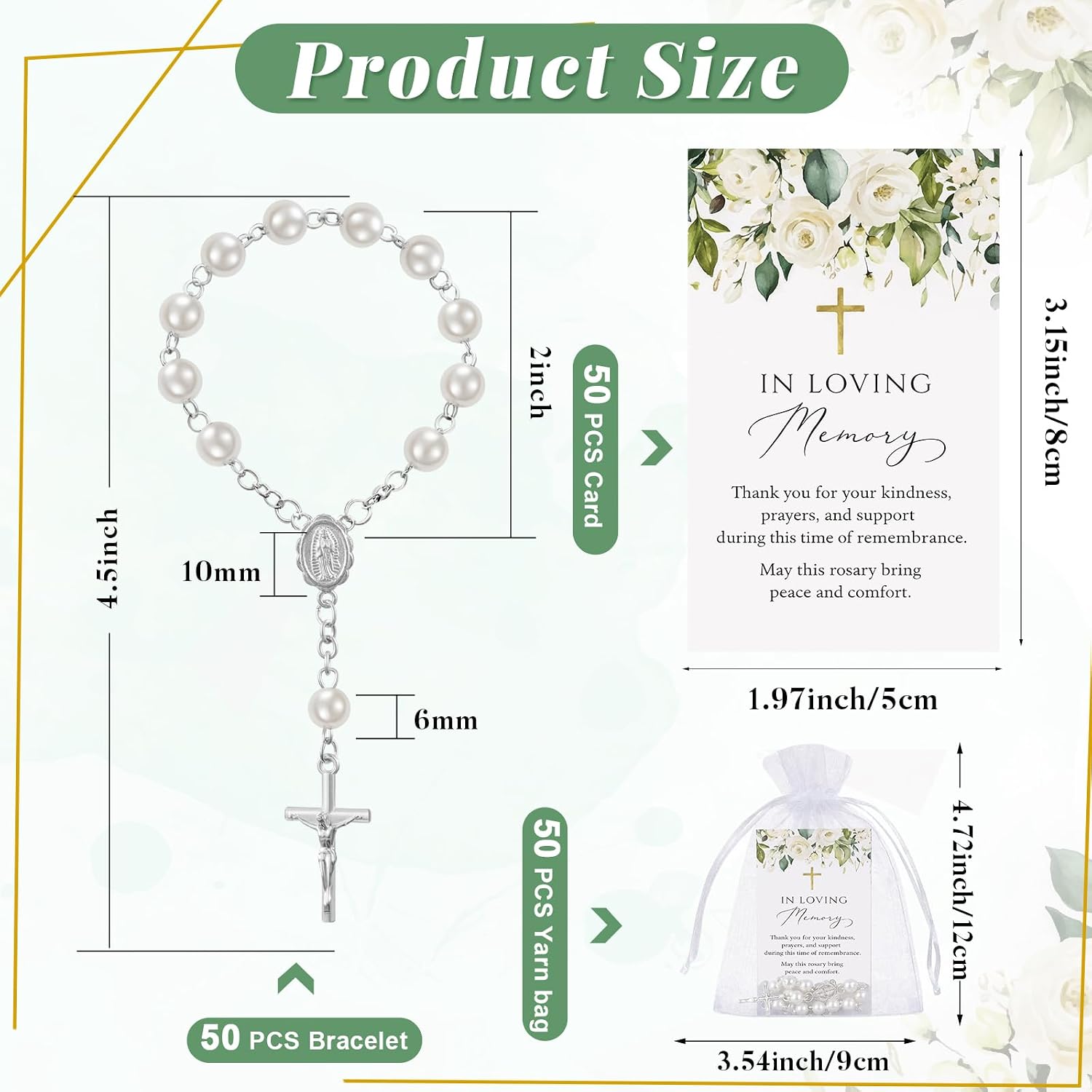Ashenby 50 Sets Funeral Favors for Guests with Rosary & Memory Cards, White