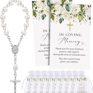 Ashenby 50 Sets Funeral Favors for Guests with Rosary & Memory Cards, White