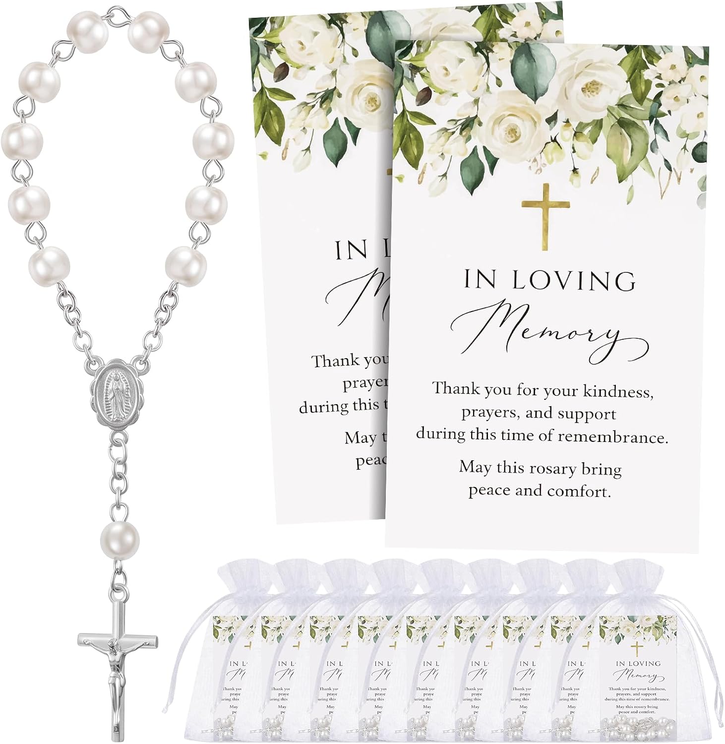 Ashenby 50 Sets Funeral Favors for Guests with Rosary & Memory Cards, White