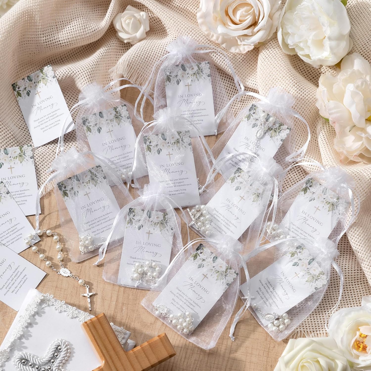 Ashenby 50 Sets Funeral Favors for Guests with Rosary & Memory Cards, White