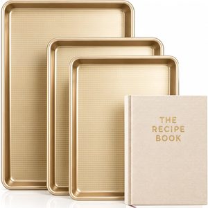 Ashenby 4-Piece Baking Set, 1×Blank Recipe Book & 3×Cookie Sheet Baking Pan, 4.1 pounds, Gold