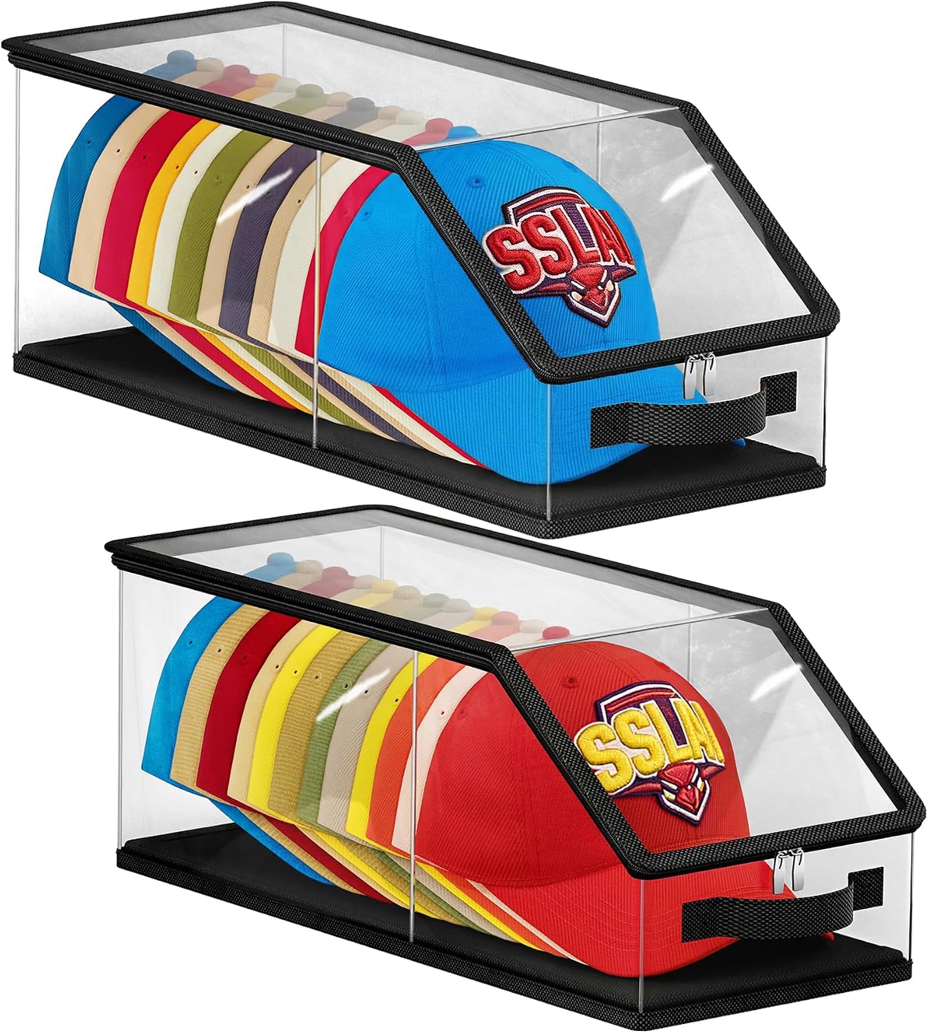 Ashenby 2 Pack Stackable Hat Storage Box, Clear Closet Hat Organizer for Baseball Caps Hold 24 Caps, Black, 26.99 Count