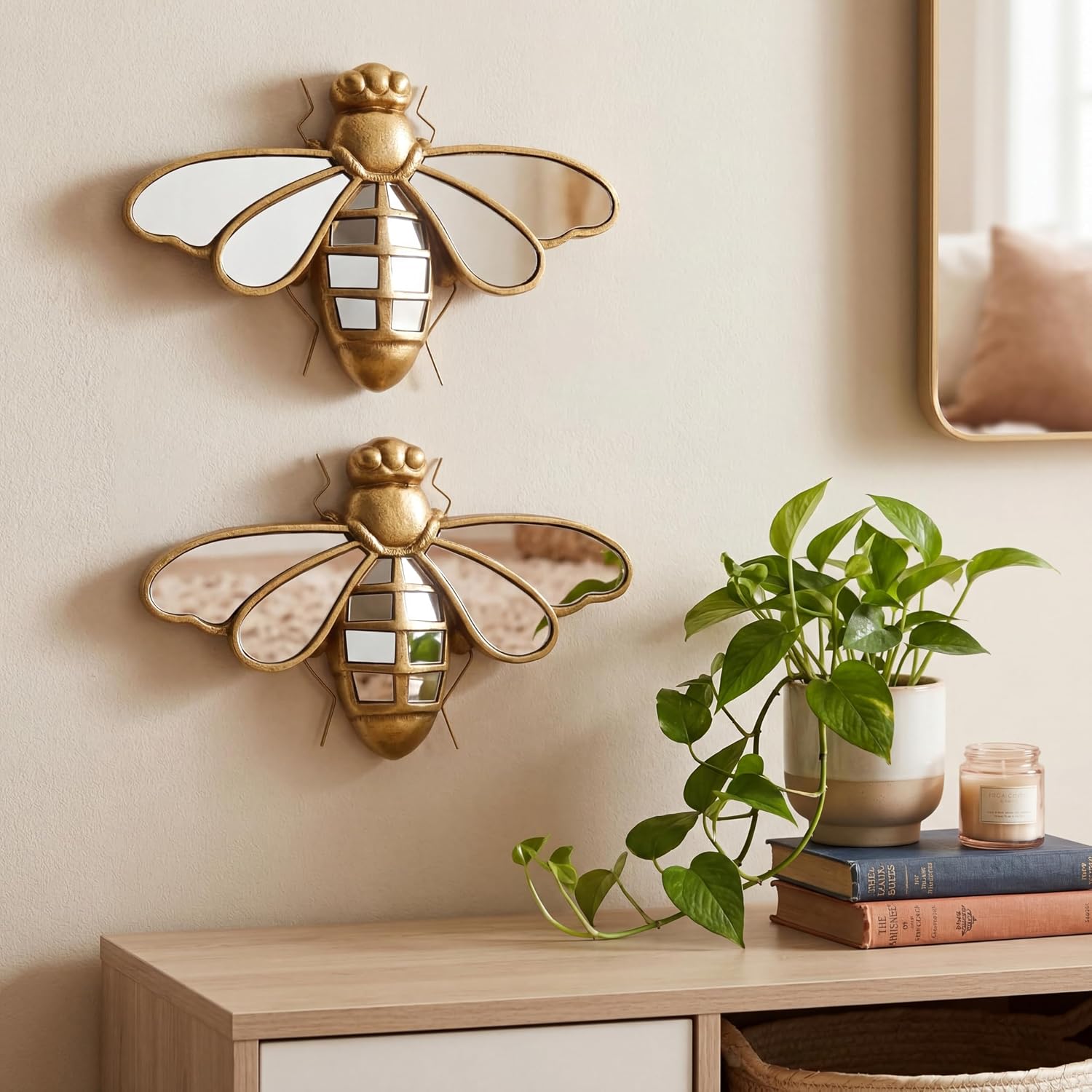 Ashenby 2 Pcs Gold Resin Bee Mirror Wall Decor Vintage Insect Wall Art, 2.4 pounds, Brass