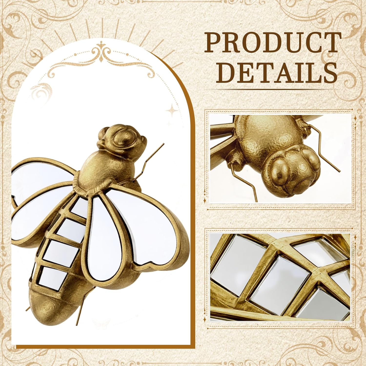 Ashenby 2 Pcs Gold Resin Bee Mirror Wall Decor Vintage Insect Wall Art, 2.4 pounds, Brass