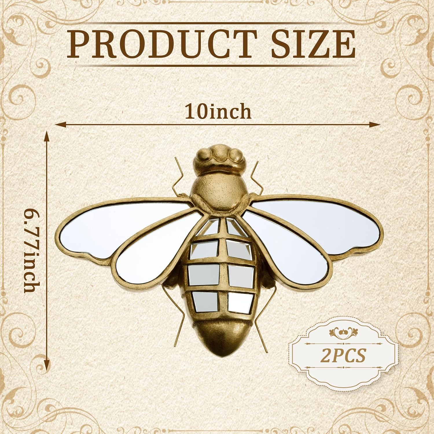 Ashenby 2 Pcs Gold Resin Bee Mirror Wall Decor Vintage Insect Wall Art, 2.4 pounds, Brass