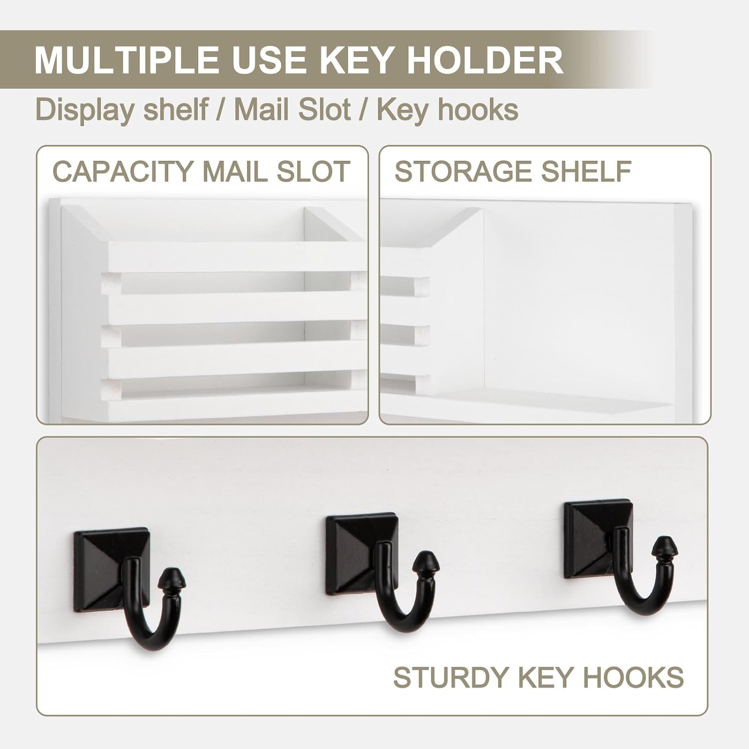 Quillstone Key Holder Wall Mount, Mail Organizer for Wall with 5 Square Key Hooks, White