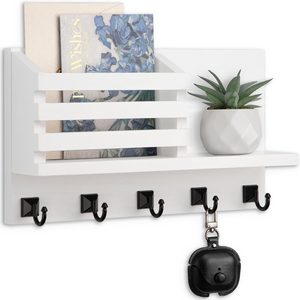Quillstone Key Holder Wall Mount, Mail Organizer for Wall with 5 Square Key Hooks, White