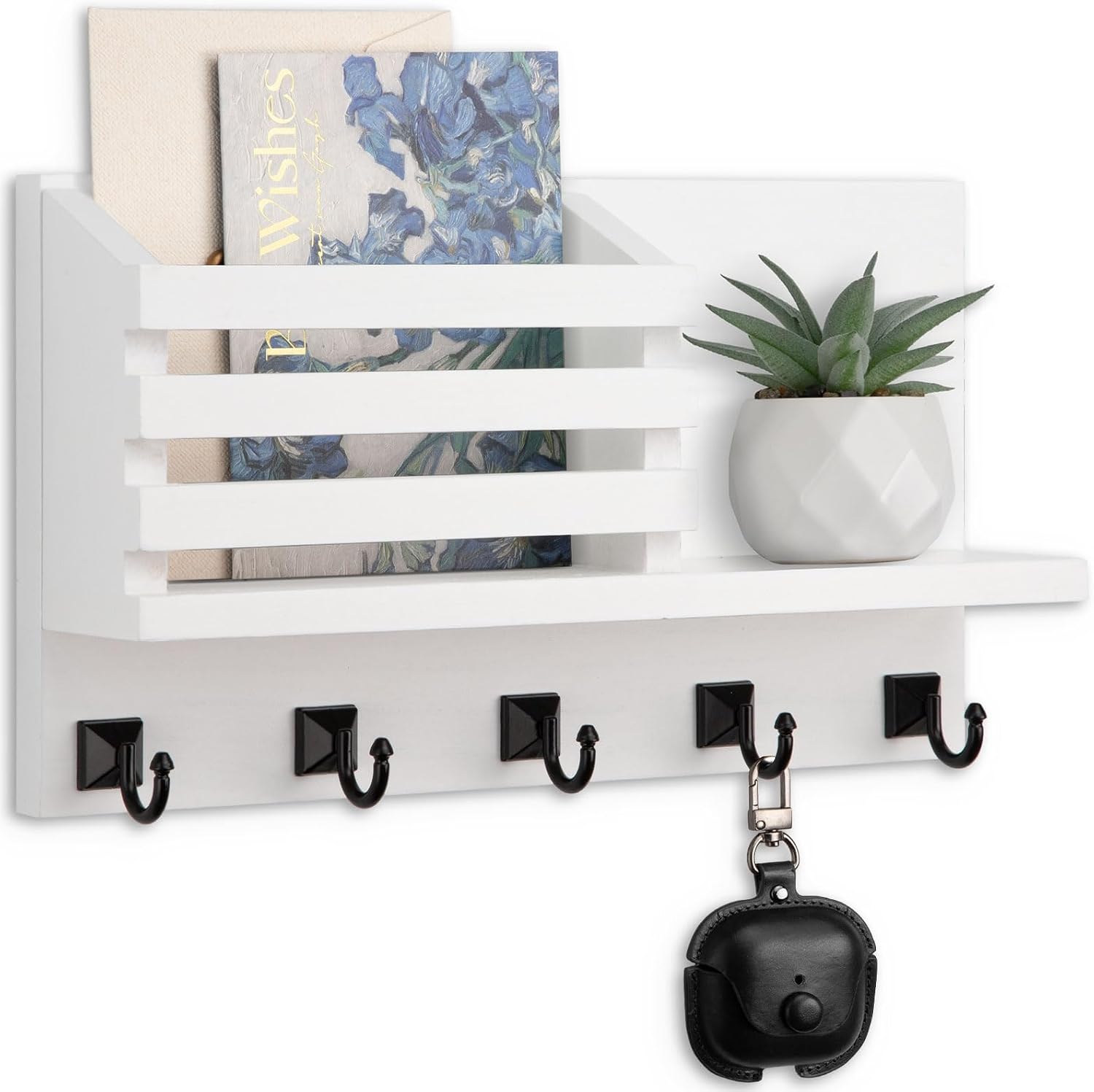 Quillstone Key Holder Wall Mount, Mail Organizer for Wall with 5 Square Key Hooks, White