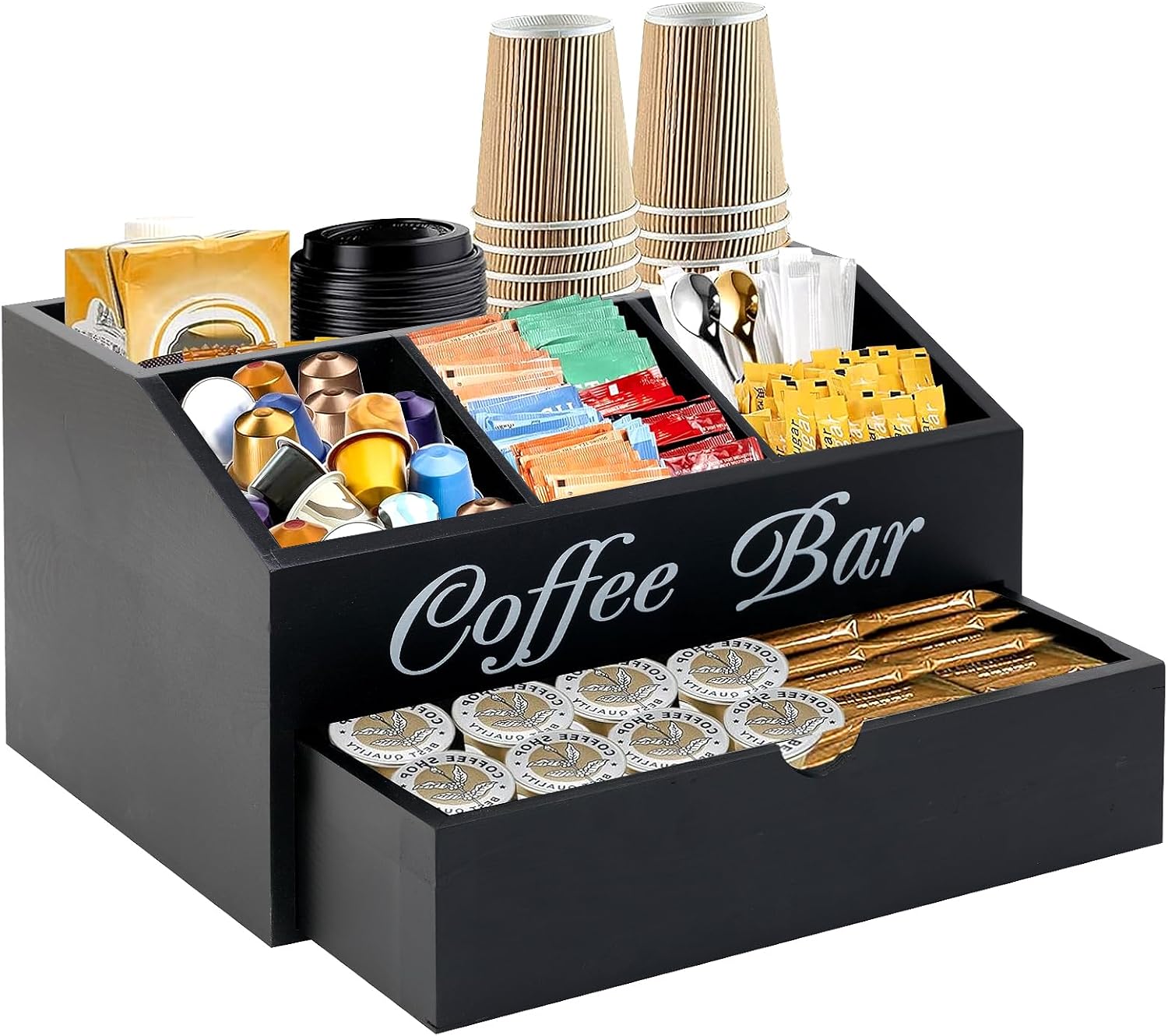 Aldernest Coffee Bar Organizer for Countertop, 2-Tier Wood Station with Drawer, Black
