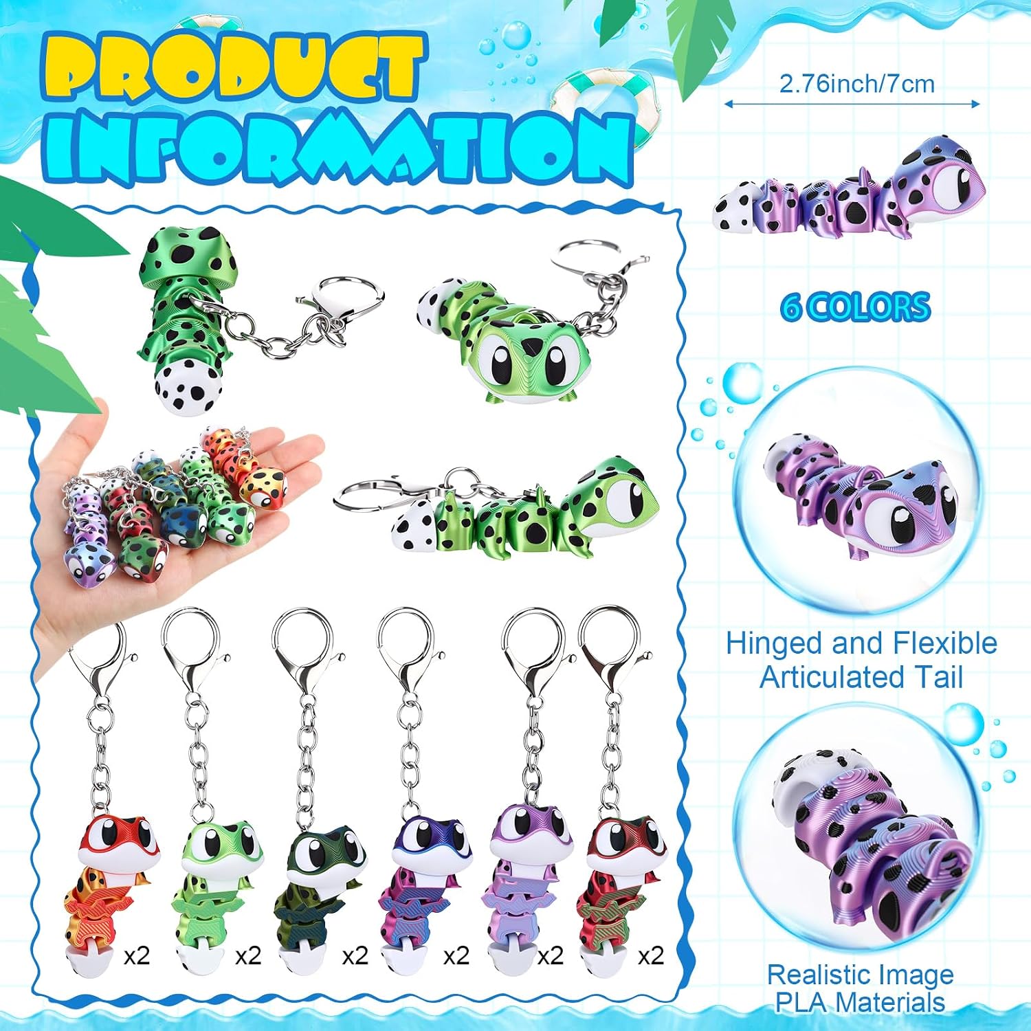 Aldernest 12 Pcs 3D Printed Leopard Gecko Animal Keychains Figure Toy