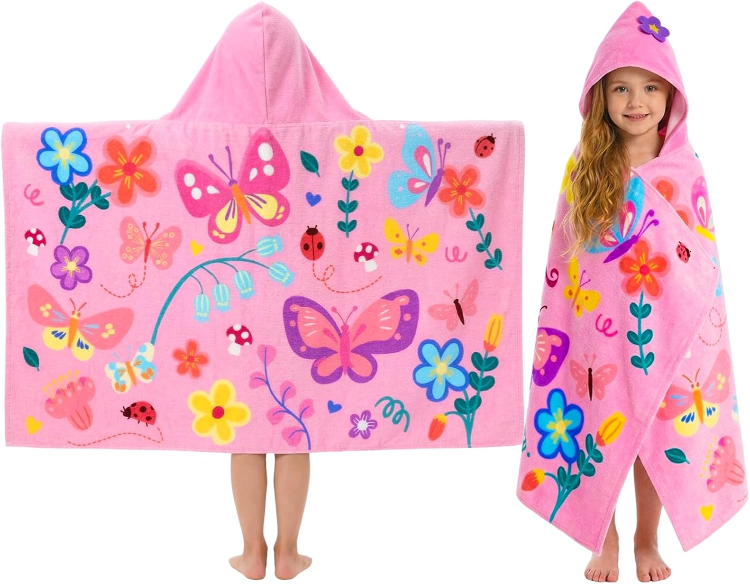 Aldernest Hooded Bath Towel for Girls, 100% Cotton Butterfly Toddler Towel, 30x50 inches, Butterfly Pink