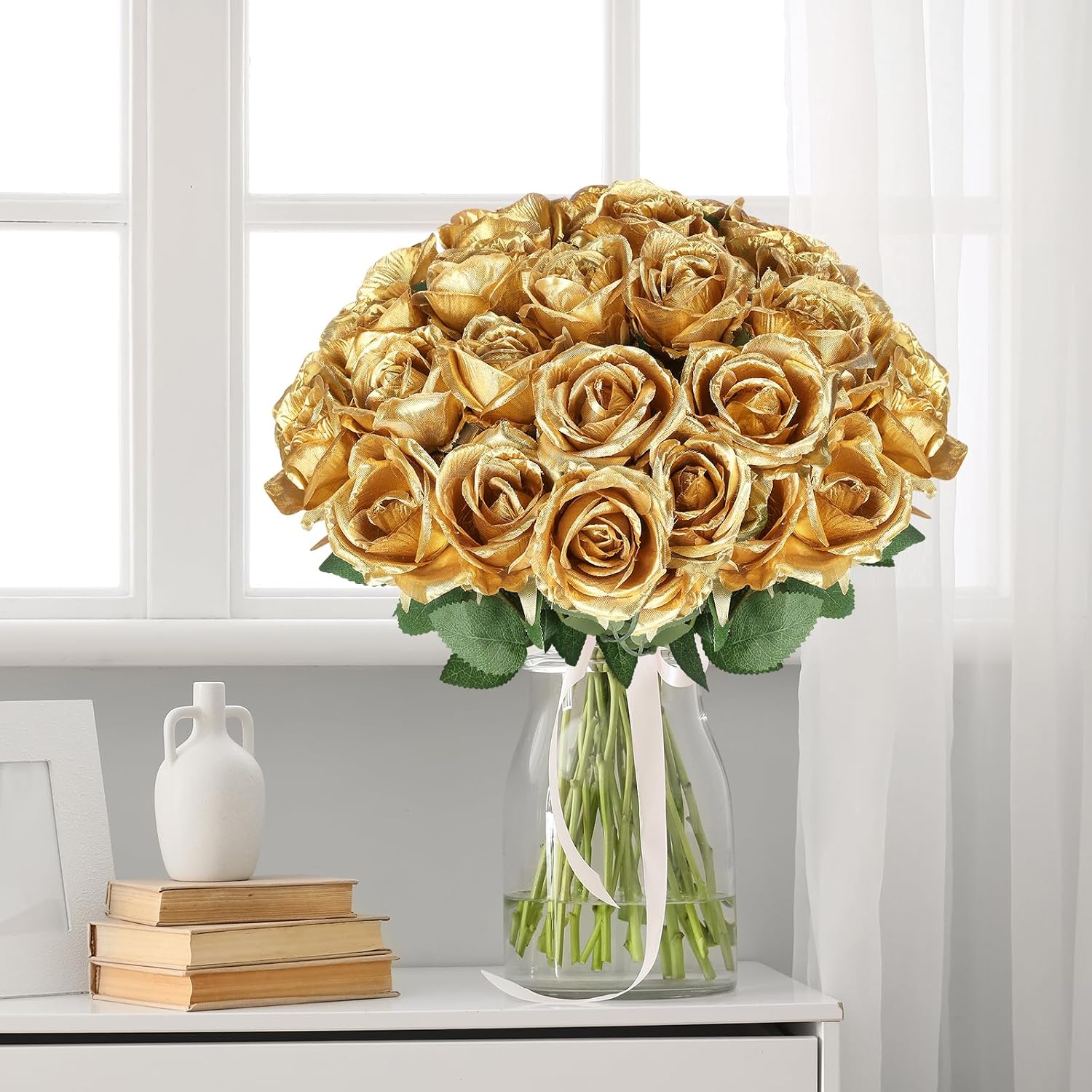 Aldernest 90pcs Silk Roses Artificial Flowers Gold Fake Rose with Long Stem for Arrangement Wedding Party Home Decoration