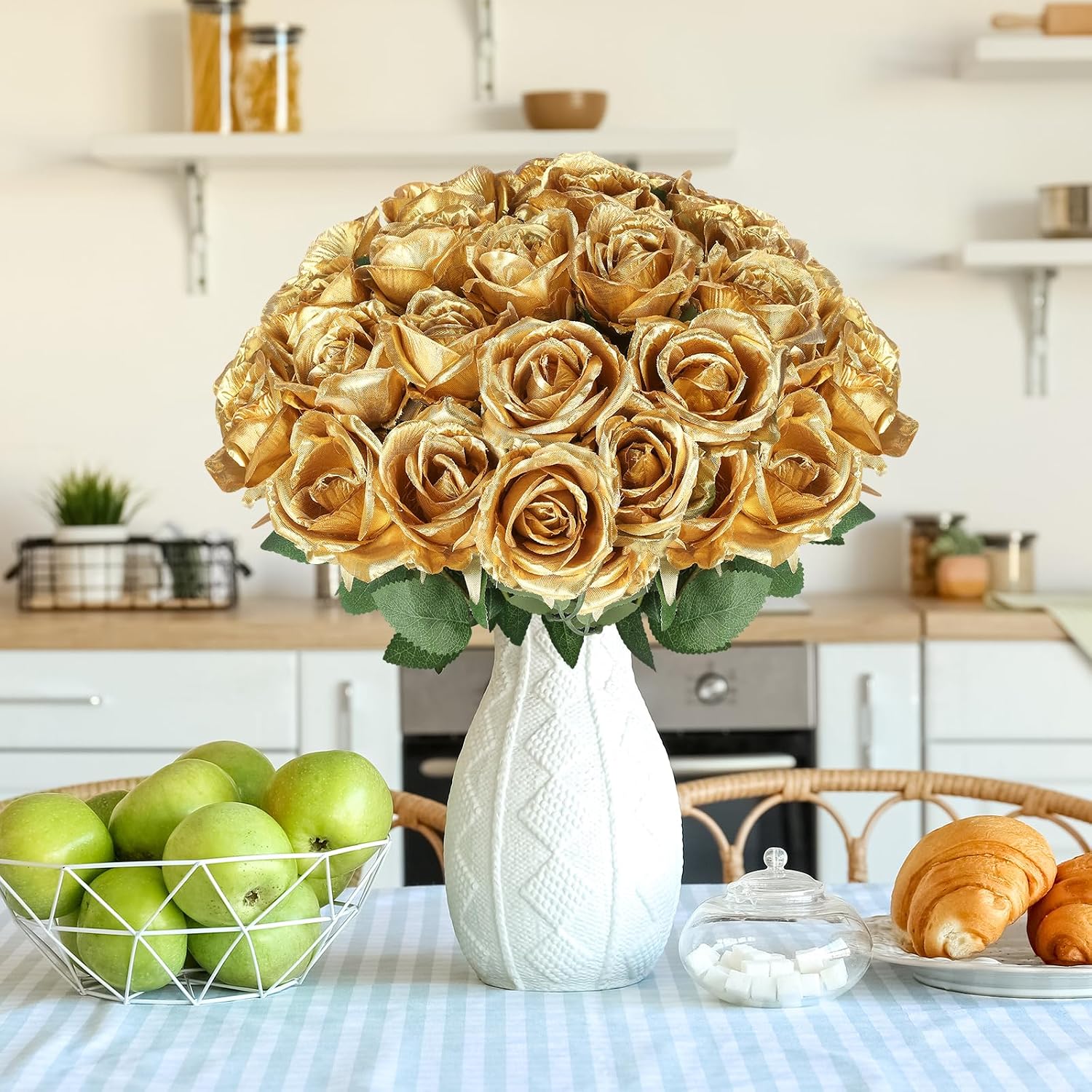 Aldernest 90pcs Silk Roses Artificial Flowers Gold Fake Rose with Long Stem for Arrangement Wedding Party Home Decoration